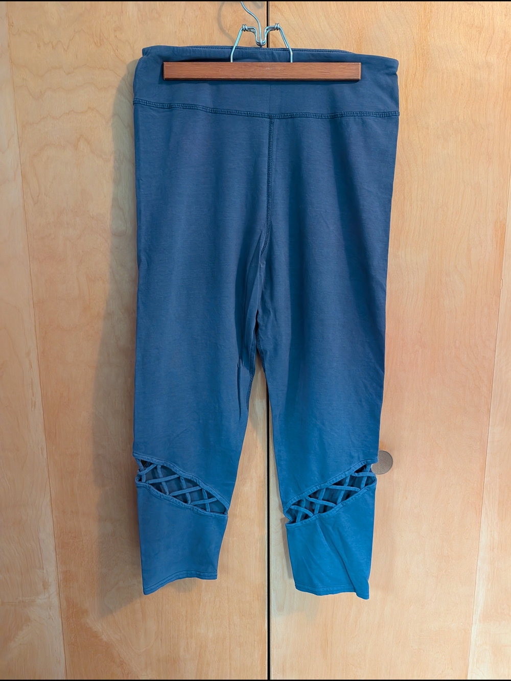 Womens Cropped Blue Capris with Lattice Knee Detail